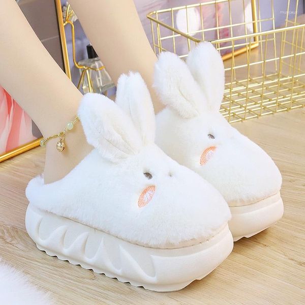 Zapatillas White Hare Women's Cute Animal Platform Home Mules Zapatos Niñas Dormitorio Felpa Diapositivas Zapatilla Orejas Interior