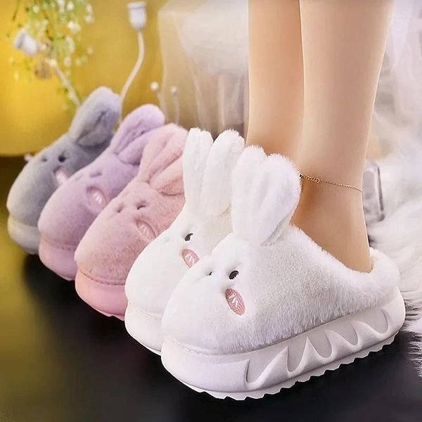 Zapatillas White Hare Women's Cute Animal Platform Home Mules Zapatos Niñas Dormitorio Felpa Diapositivas Zapatilla Orejas Interior