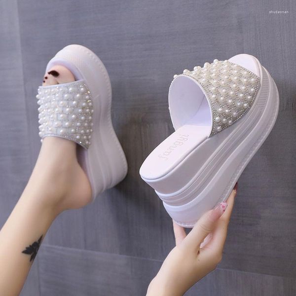 Pantoufles blanc perle diamant épais plate-forme compensées EVA diapositives sandales femme été 2023 tongs confortables filles mules plates
