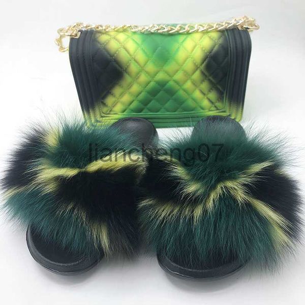 Pantoufles Gros Jelly Sacs à main avec chaussures de pantoufle Femmes Sac à bandoulière personnalisé Fox Fourrure Diapositives Ensembles Sac de gelée avec de vrais pantoufles de fourrure de renard x0916