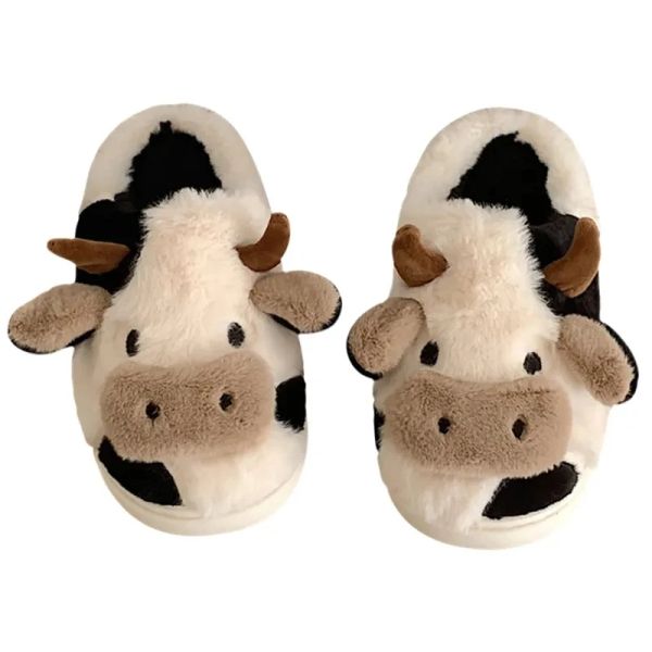 Pantoufles en gros lait vache de vache peluche ganters de fourrure femme hivernale chaude ferme la maison pantoufles pantoufles à fourrure floue plate mignon diapositives animales chaussures