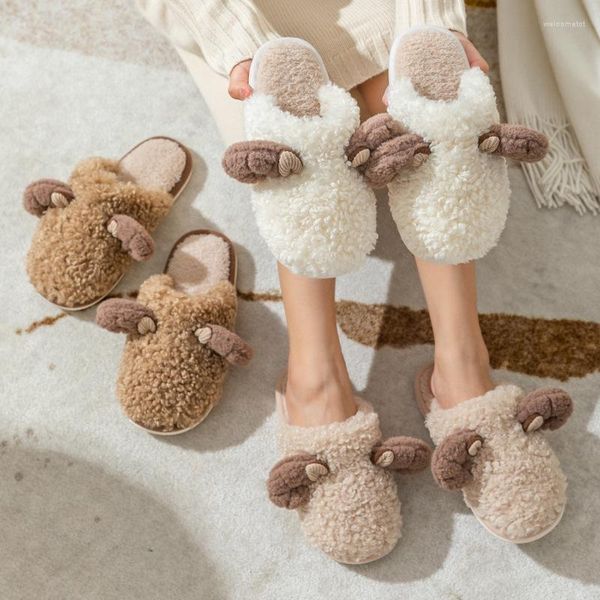 Pantoufles hiver automne femmes et hommes tissu en peluche coton mode maison vêtements d'intérieur Couple mignon mouton doux chaussures