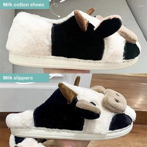 Slippers winter cartoon paar vrouwen schattig dieren slipper kawaii donzige warme indoor melk koe house grappige niet-slip schoenen