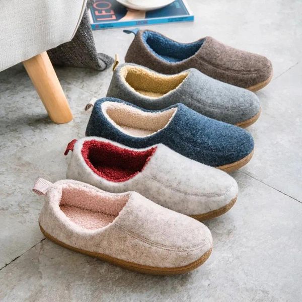 Zapatillas Invierno Algodón Estilo Japonés Hogar Hombres Zapatos Cálidos Suela Gruesa Dormitorio Antideslizante Tacón Envuelto Mujer Fieltro