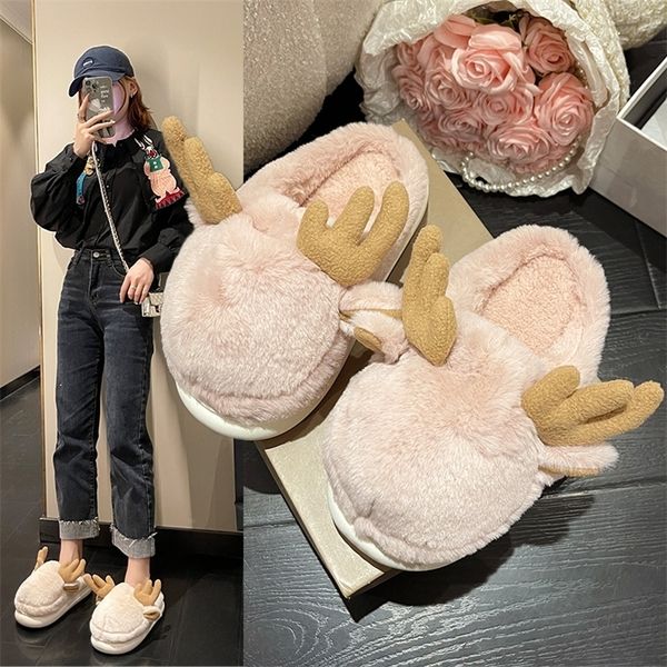 Pantoufles Hiver mignon en peluche renne Couple maison pantoufles chaud antidérapant hommes pantoufles femmes intérieur maison étage chaussures amoureux cadeau de noël 220913