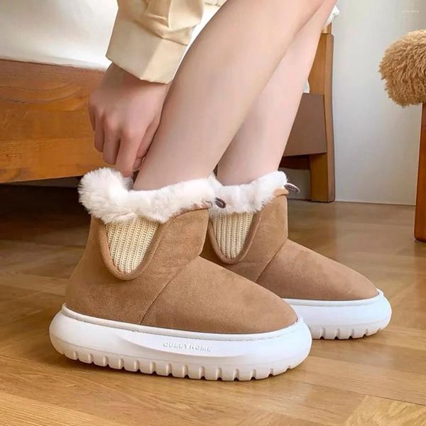 Pantoufles d'hiver en faux suède et coton, chaussures à semelles épaisses pour femmes, hautes en peluche, pour l'intérieur et l'extérieur, bottes de neige