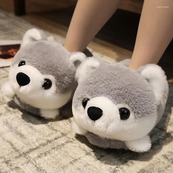 Pantoufles d'hiver drôles Husky sibérien en peluche Animal Couple maison chaude antidérapante imperméable à fourrure Hamster