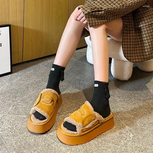 Slippers Winter High Heels Femme Plateforme en daim chaussures de marche en peluche 2024 pompes Coton Slides Flip Flop