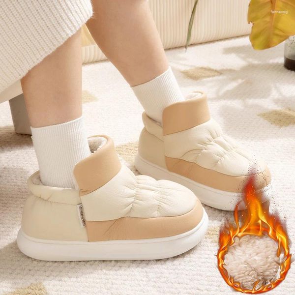 Zapatillas de invierno para el hogar con cuero de PU, zapatos de algodón impermeables y antiincrustantes, cálidos y esponjosos amantes gruesos para hombres