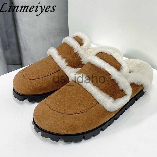 Pantoufles Hiver Nouveau Casual Pantoufles Plates Femmes Daim En Cuir Bout Rond Diapositives Chaussures Femme Confort Chaud À L'intérieur Laine Pantoufles Femme J230818