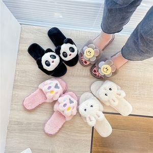 Slippers Winter Eén Woord Katoen Leuke Cartoon Bont Womens Home Panda Plus Size Warme Pluche Mujer Slides 220921