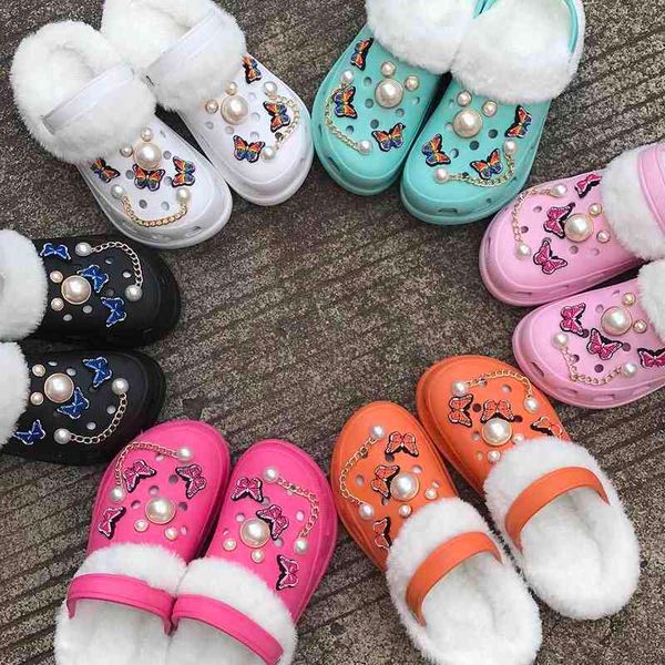 Pantoufles hiver peluche sabots plate-forme jardin chaussures femmes talon haut trou chaud fourrure fourrure strass perle collier diapositives 220708