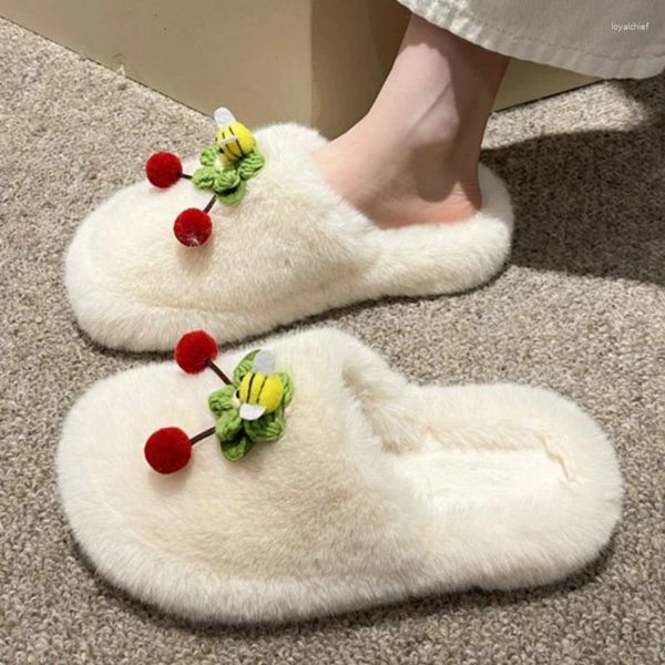 Slippers Winter Chaussures pour femmes Cherry House Casual Branc Automne Coton de chambre chaude