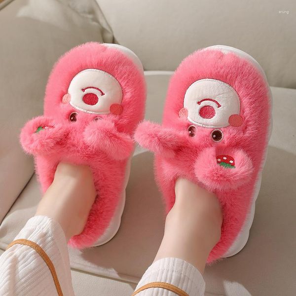 Zapatillas Invierno Fresa Oso Mujeres Peluche Lindo Pequeño Suela Gruesa Zapatos De Algodón Hogar Interior Cálido Plataforma Coreana