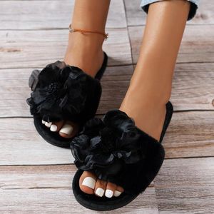 Slippers Winter Damesschoenen Binnenhuis Katoen Warm Pluche Bloemendecoratie Open teen Platte Zapatos