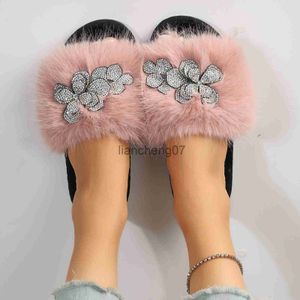 Slippers Winter Damesschoenen Binnenhuis Katoenen Slippers Pluche Bloem Strass Decoratieve Open Teen Platte Bodem Slippers Zapatos x0916