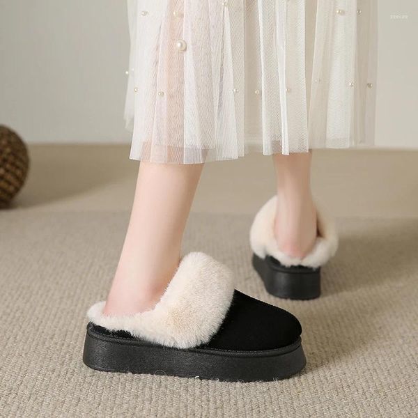 Pantoufles d'hiver pour femmes, bottes de neige chaudes et courtes en peluche, chaussures décontractées à la mode, en daim, plates-formes plates