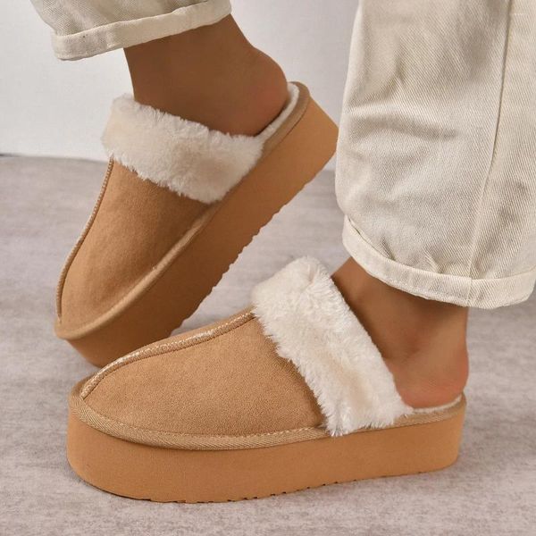 Pantoufles d'hiver pour femmes, bottes chaudes, tongs à plateforme, chaussures courtes en peluche, chaussures de maison en coton pour dames, 2024