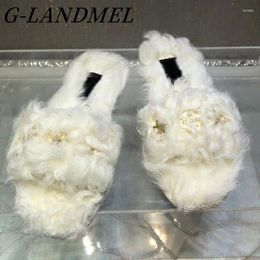 Slippers Hiver Wool Roll Automne pour femmes décor de fleur de perle Open Toe Slip on Flat Comfort Shoe Casual Designer