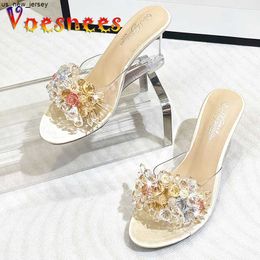 Pantoufles Femme Chaussure 8CM Été Sandales Compensées Design Couleur Perle Fleur Talons Transparents Femmes Cristal Chaîne Rhinesto Perle Pantoufles J230519