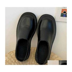 Slippers Dames 2021 Zomermode gesloten teen lederen schoenen Loafers hoog platform zwarte hakken mes ytmtloy wiggen indoor drop leveren otyhu