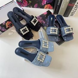 Pantoufles femmes 2023 été cristal strass bouton carré Denim décontracté paresseux un mot avec bout ouvert talon plat sandales