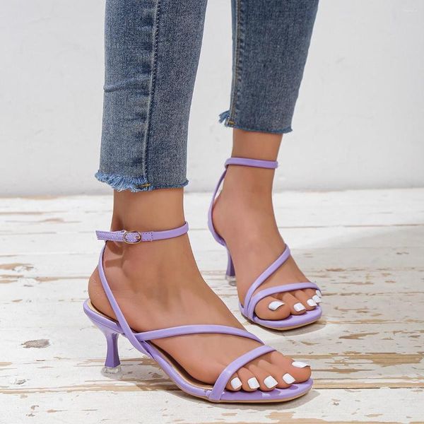 Zapatillas Mujer Verano Sexy Tacones altos Correas estrechas Sandalias cómodas Cadena Tacón fino Zapatos de vestir de fiesta Calzado para mujer