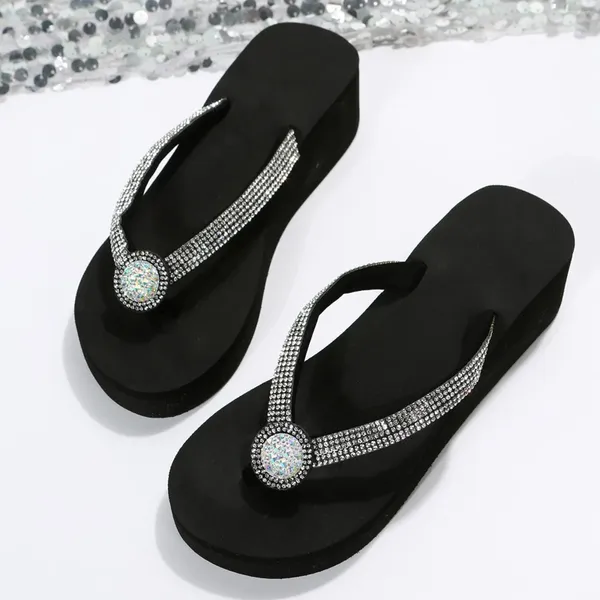 Zapatillas Mujer Diamante Brillante Tacón Pendiente Zapatos De Playa Gruesos Zapatilla De Espiga Color Sólido Chanclas De Moda Calzado De Talla Grande