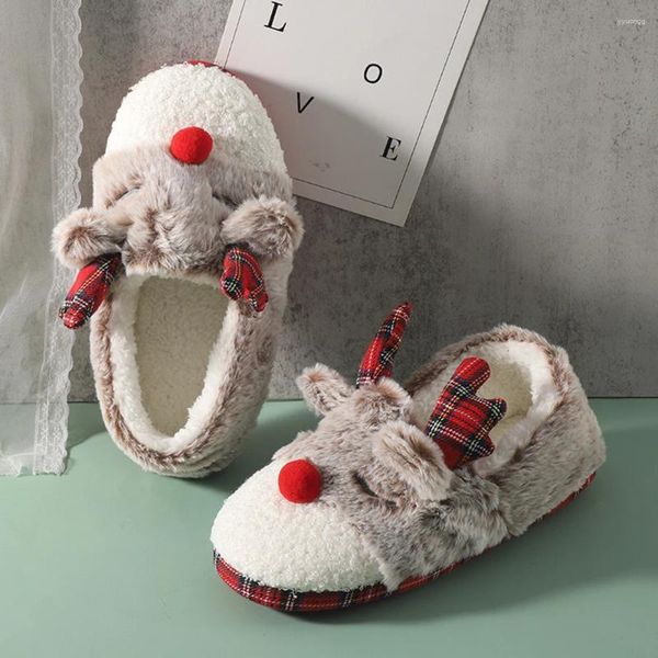 Pantoufles de noël pour femmes, maison d'élan, antidérapantes, chaussures en coton, peluche confortable pour temps froid d'intérieur