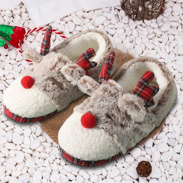 Zapatillas Mujer Navidad Elk House Antideslizante Felpa Algodón Reno Zapatos Suaves Para Clima Frío Hogar Interior