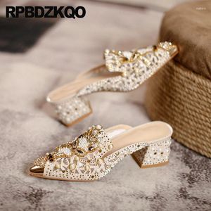 Slippers Femmes Chunky Half Shoes Pearl Crystal découpe diamant moyen talon de pointe en métal sandales mules pompes