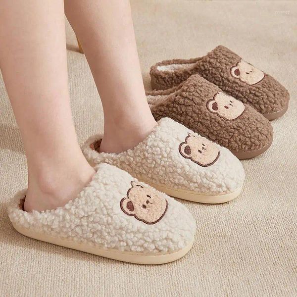 Zapatillas mujeres lindo oso esponjoso hombres cálidos calientes de interior toboganes pareja kawaii zapatos estampados de animales pantunflas invierno mujer