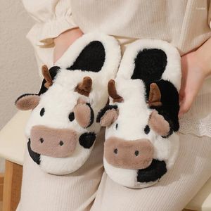 Slippers Vrouwen Leuke Koe Cartoon Winter Mode Dier Indoor Warme Thuis Pluche Antislip Platform Katoenen Schoenen 2024