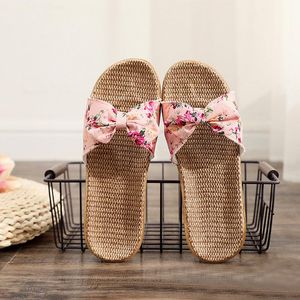Slippers vrouwen vrouwelijke bohemia bowknot vlas linnen flip flops strandplatform platte dames casual soft shoes sandalen #45