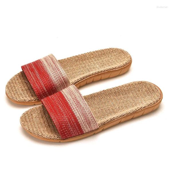 Pantoufles femmes lin maison été diapositives décontractées chaussures de plage dames intérieur lin bohême rayé tongs sandales