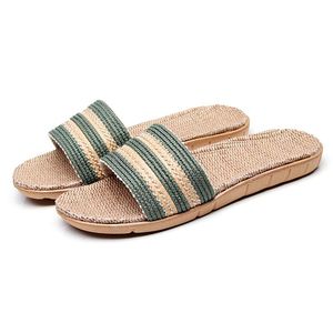 Zapatillas de lino para mujer, zapatos de interior de verano, zapatilla de casa antideslizante con punta abierta, cinturón de lino, sandalias femeninas, chanclas