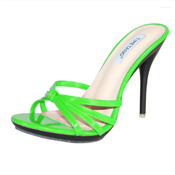 Zapatillas de mujer con tacones altos fluorescentes, diapositivas con nudo de charol, zapatos de costura hechos a mano, punta redonda, ancho Retro, se adapta a 43-34