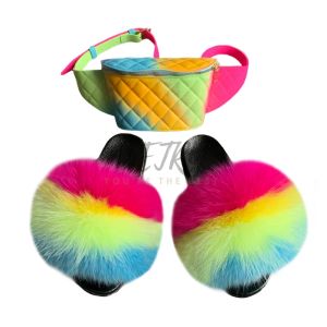 Slippers dames bont slippers met tassen pluizige echte vossen haarglaasjes harige sandalen dames regenboog pvc jelly portemonnee reisschoenen tas set