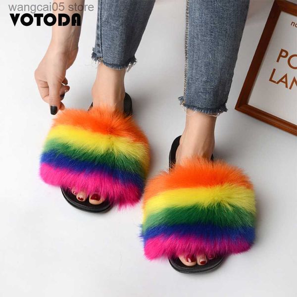 Pantoufles Femmes Pantoufles À Fourrure Diapositives En Fausse Fourrure Couleurs Mélangées Arc-En-Tongs Mode Fille Mignon Chaussures En Peluche Fluffy Chaussures Femme Diapositives T230712