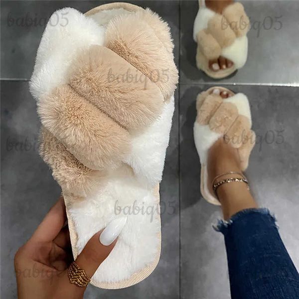 Pantoufles Femmes pantoufles floues bande croisée doux en peluche confortable maison chaussures fourrure bout ouvert intérieur extérieur chaud antidérapant loisirs dames pantoufles T231125