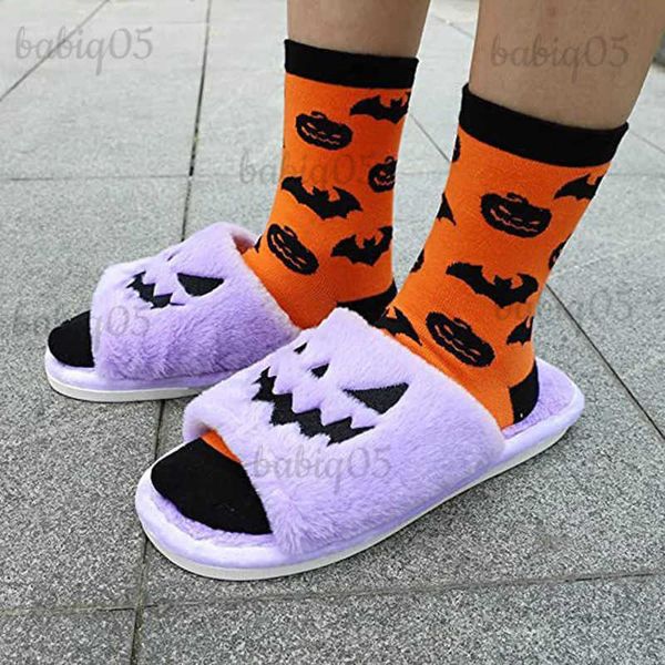 Pantoufles Femmes Halloween citrouille pantoufles doux en peluche bascule maison chaussures d'intérieur chaud maison pantoufles hiver femme fourrure diapositives filles cadeau T231024