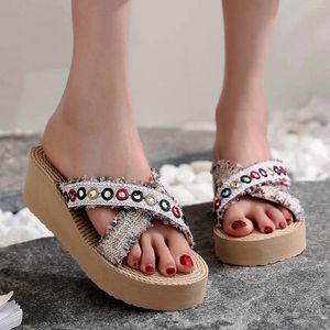 Slippers Femmes Mocasins Sold Sloped Slope Women's Beach Lacework Fashion Lens Chaussures Cross Band For Blue