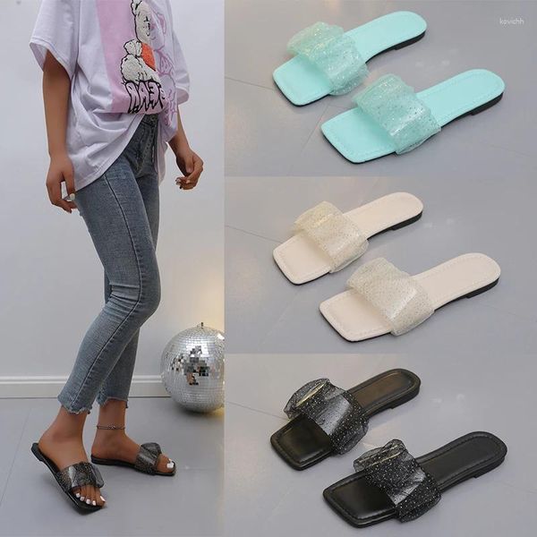 Zapatillas de mujer plisadas de encaje con punta cuadrada, chanclas de moda para mujer, zapatillas informales cómodas para mujer, sandalias de PU para mujer, verano 2024