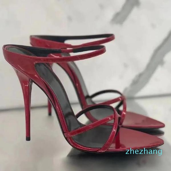 Pantoufles femmes bout pointu talon haut à bretelles robe chaussures dames rouge été sandales Sexy en cuir verni extérieur diapositives 2023