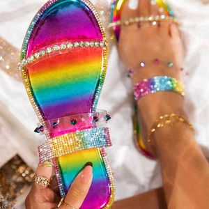 Slippers Dames Regenboog Crystal Klinknagel Slippers Dames Snakeskin Transparante Flats Vrouwelijke Casual Gemengde Kleur Strandschoenen Big Size 220307