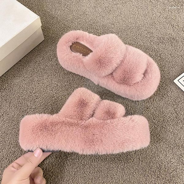 Pantoufles à semelle épaisse pour femmes, doublure intérieure de 7cm, avec peluche et maille polyvalente, diapositives rouges, automne/hiver 2023