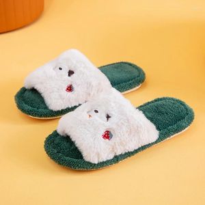 Slippers pour femmes dessin animé Chaussures plates à la maison Home Coton Anti-Slip Flip Flops 2024 Hiver Furry Women Shoe