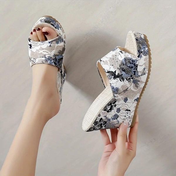 Zapatillas Sandalias De Cuña Con Estampado Floral Para Mujer Zapatos De Plataforma Sin Cordones Con Punta Abierta A La Moda Tacón Alto Versátil Talla 42