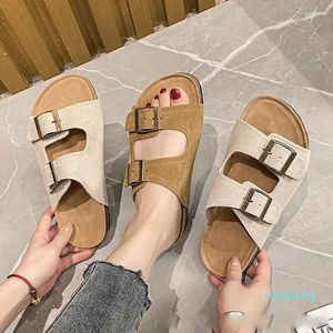 Chanclas Mujer Sandalias Cuero Ante Vacuno Corcho Mujer Dos Hebillas Exterior Playa Niñas