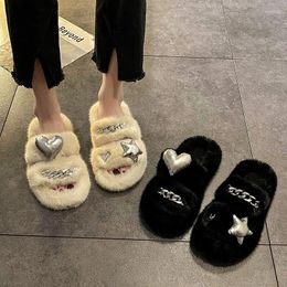 Slippers Dames pluche slippers: 2024 Autumn en Winter Ins Niche Design Internet Red High Appearance One Line Cotton Slipper